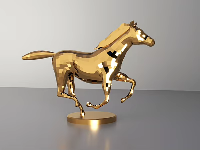 Golden Geometric Horse Sculpture with Dynamic Running Pose on Circular Shiny Base 3d model