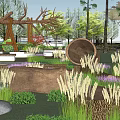Modern Park Landscape With Green Trees Water Features And Circular Walkways