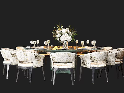 Elegant Dining Table Set with Patterned Chairs White Floral Centerpiece and Wine Glasses 3d model