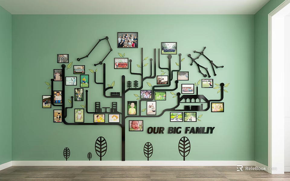 Tree Shaped Photo Wall With Family Photos On Green Wall And Big Family Text 3d model 
