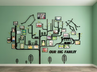 Tree Shaped Photo Wall With Family Photos On Green Wall And Big Family Text 3d model