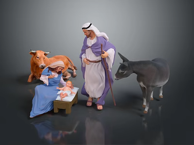 Man in Traditional Nativity Scene with Woman Holding Baby Cow and Donkey 3d model
