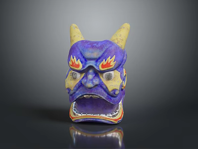 Artistic Animal Mask Featuring Purple Color Yellow Horns And Red Flame Patterns 3d model