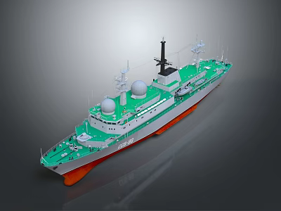Military Warship With Green Deck And Radar Domes 3d model