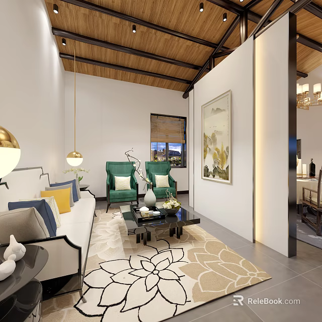 Modern Living Room Interior Design With Wooden Ceiling Green Chairs Sofa Coffee Table And Painting 3d model 