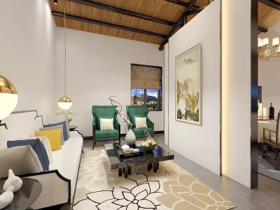 Modern Living Room Interior Design With Wooden Ceiling Green Chairs Sofa Coffee Table And Painting 3d model