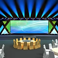 Stage Event Setup With Round Tables Lighting And Large Backdrop Screens 3d model