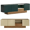 Modern Sideboard Design With Dark Green Beige Cabinets Wooden Drawers Open Compartment