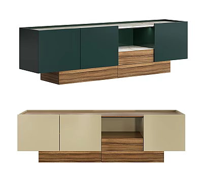 Modern Sideboard Design With Dark Green Beige Cabinets Wooden Drawers Open Compartment 3d model