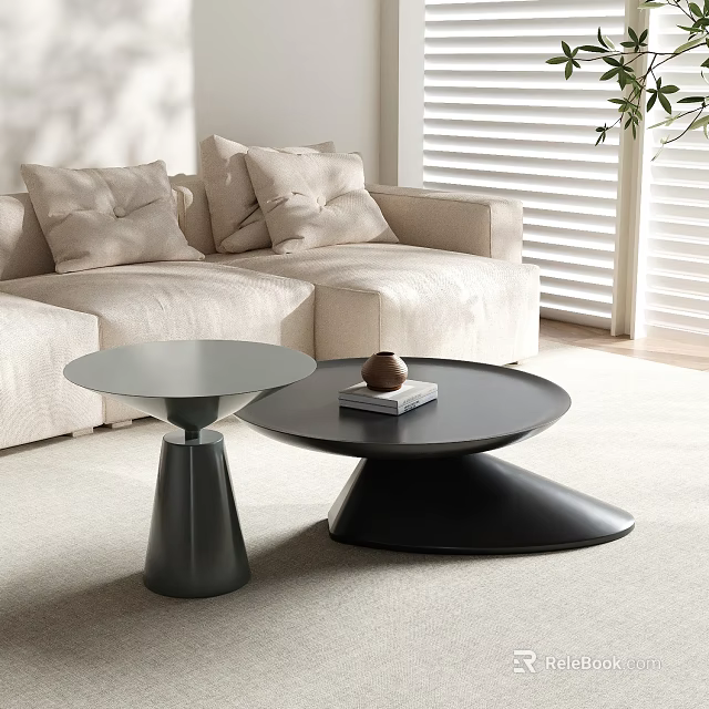 Modern Black And Dark Gray Coffee Tables With Beige Sofa And Window Blinds 3d model 
