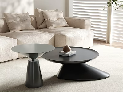 Modern Black And Dark Gray Coffee Tables With Beige Sofa And Window Blinds 3d model