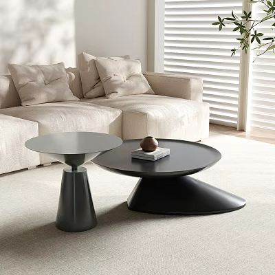 Modern Black And Dark Gray Coffee Tables With Beige Sofa And Window Blinds 3d model