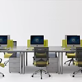 Modern Office Desks With Computers Keyboards Mice And Yellow Rolling Chairs 3d model