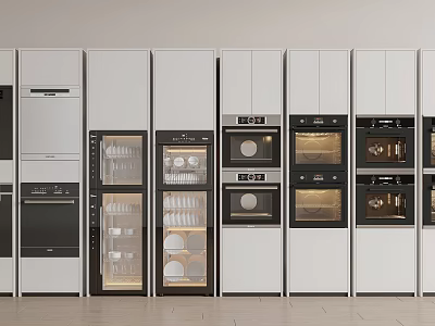 Modern Built in Kitchen Appliances With Ovens Dishwashers And White Black Cabinets 3d model