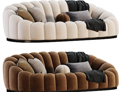 Beige and Brown Two Seater Sofa Velvet Upholstered Curved Design with Cushions and Black Blanket 3d model