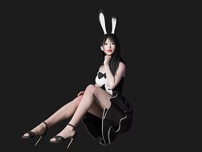 Woman with bunny ears in black white dress sitting with high heels on black background 3d model