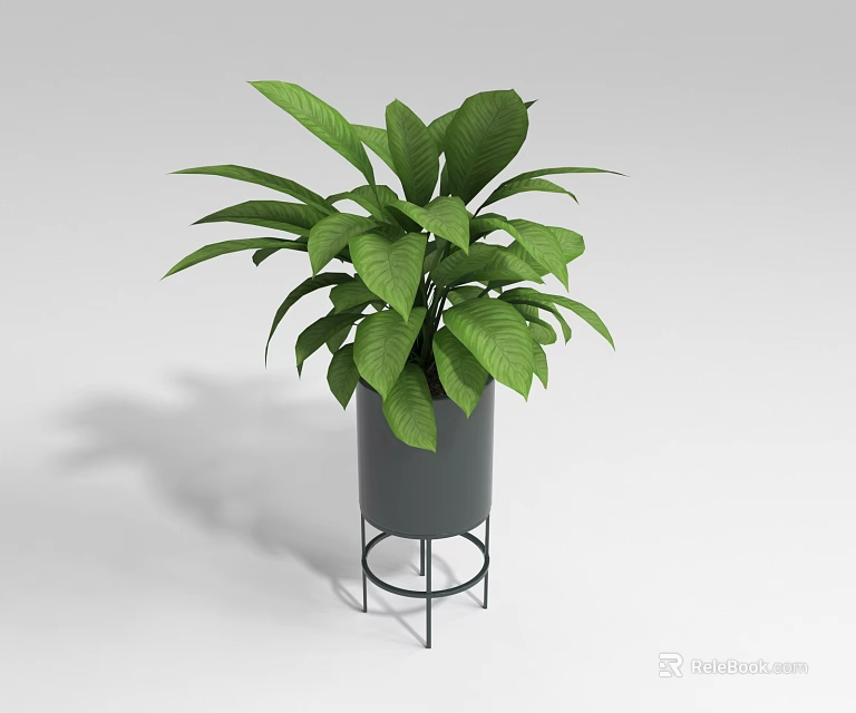 Lush Green Leaf Bonsai Potted Plant In Gray Pot With Black Metal Stand 3d model 