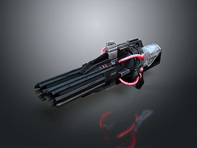 Futuristic Multi Barrel Sci Fi Weapon With Red Glowing Mechanical Accents 3d model