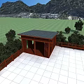 Garden Landscape Featuring Wooden Pavilion Black Roof White Tiled Platform Green Lawn And Distant Mountains