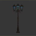 Vintage Street Lamp With Three Blue Glass Shades And Decorative Metal Pole