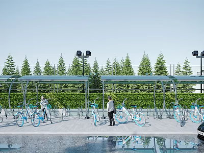 Bike Shelter With Parked Bicycles Green Hedge Street Lights And Person On Gray Pavement 3d model