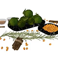 Fresh Green Limes With Leaves On Black Trays Alongside Cinnamon Sticks Rosemary And Seeds
