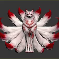 Mythical Nine Tailed Fox Creature With White Red Fluffy Tails And Red Patterns