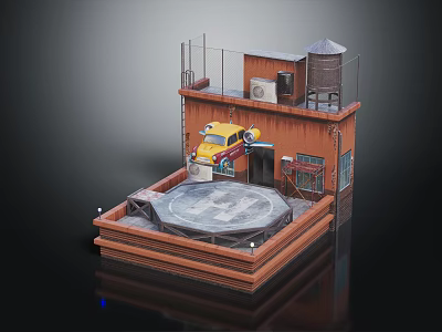 Futuristic Sci-Fi Scene With Orange Building Yellow Vehicle Circular Platform And Water Tower 3d model