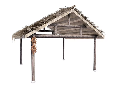 Natural Rustic Wooden Structure With Thatch Roof And Traditional Design Elements 3d model