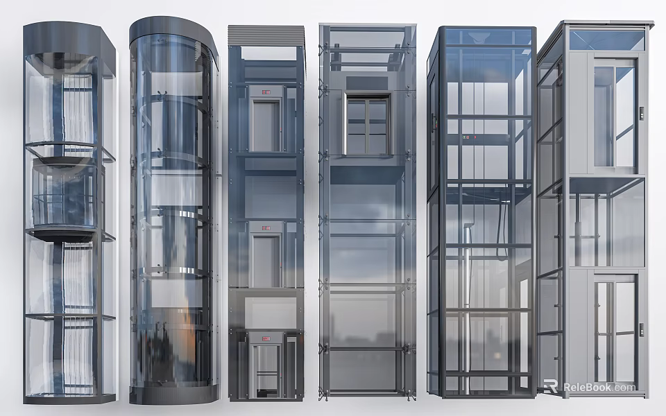 Modern Elevator Design Variations With Glass Enclosed And Architectural Structural Styles 3d model 
