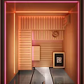 Modern Steam Shower Sauna Interior With Glass Doors Wooden Panels And Pink Lighting