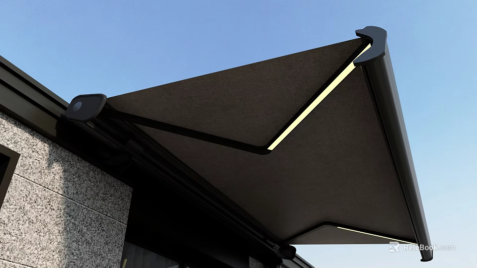 Modern Outdoor Awning With Black Frame Gray Fabric And LED Light 3d model 