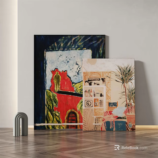 Multiple Abstract Paintings With Red Green Beige And Dark Tones For Interior Wall 3d model