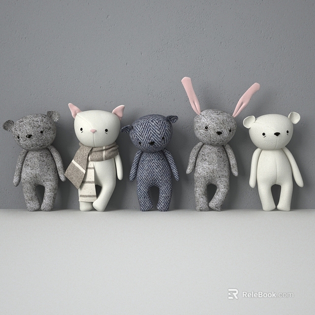 Plush Stuffed Bear Cat Rabbit Toys Grey White Navy With Scarf On Shelf Grey Wall 3d model 