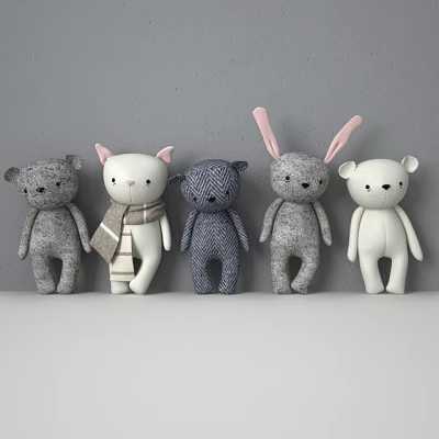 Plush Stuffed Bear Cat Rabbit Toys Grey White Navy With Scarf On Shelf Grey Wall 3d model Plush Stuffed Bear Cat Rabbit Toys Grey White Navy With Scarf On Shelf Grey Wall 3d model