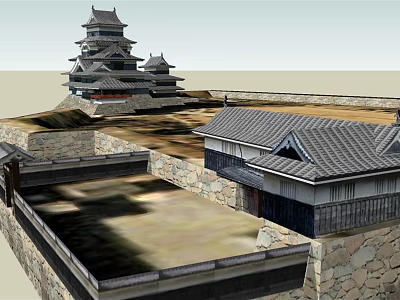 Ancient Architecture With Multi Tiered Tower Gray Tiled Roofs And Stone Walls 3d model