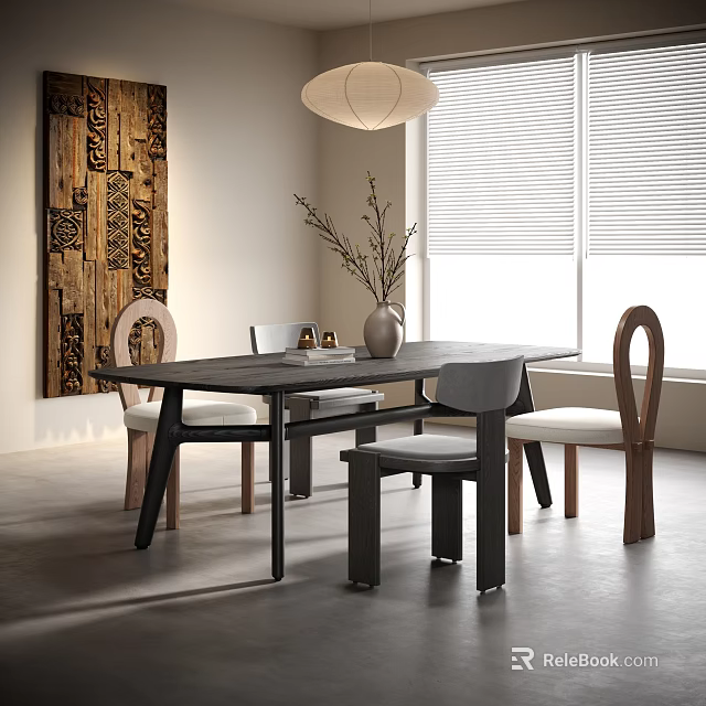 Modern Dining Table Set with Chairs Vase Plants Window Blinds and Wall Art 3d model