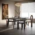 Modern Dining Table Set with Chairs Vase Plants Window Blinds and Wall Art 3d model