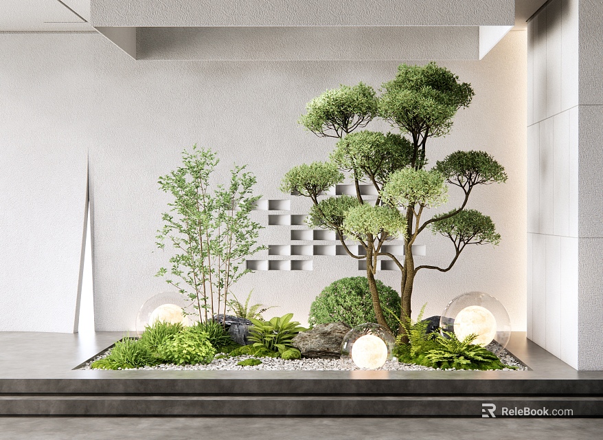 Modern Courtyard Garden Design With Bonsai Tree Green Plants And Round Lanterns 3d model 