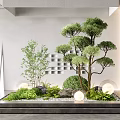 Modern Courtyard Garden Design With Bonsai Tree Green Plants And Round Lanterns