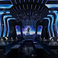 Futuristic KTV Lounge Interior Design With Blue Lighting Starry Backdrop Sofas And Tables