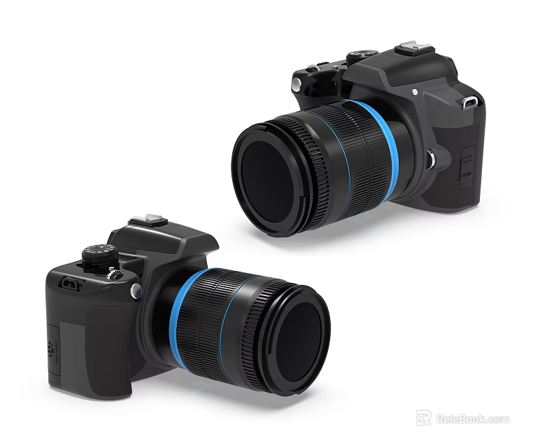 Two Black Digital Cameras With Blue Stripe Lenses For Photography Enthusiasts 3d model 