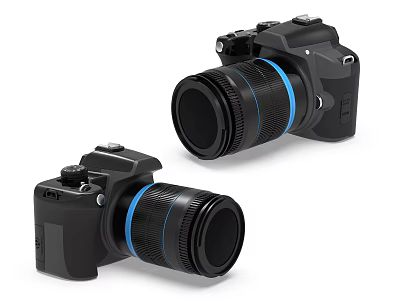 Two Black Digital Cameras With Blue Stripe Lenses For Photography Enthusiasts 3d model