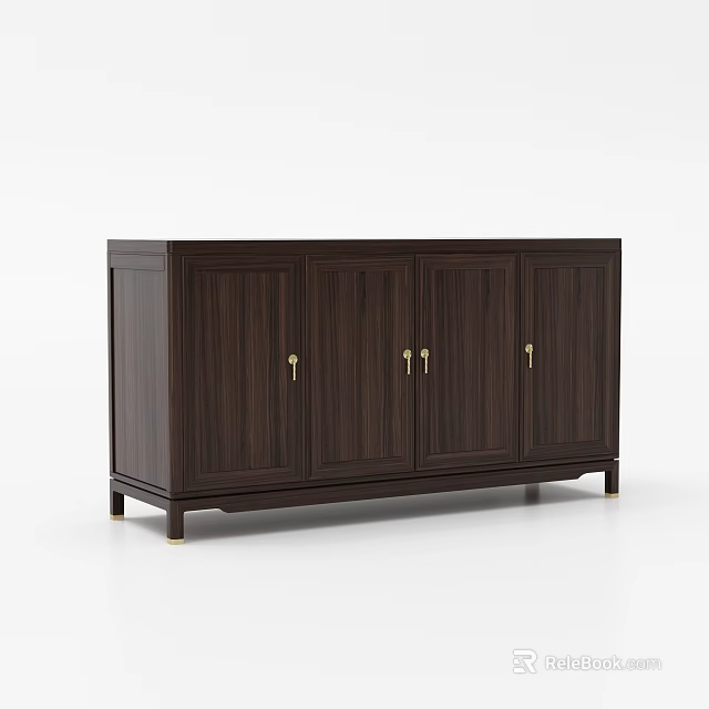 Dark Brown Wooden Sideboard With Gold Handles And Cabinet Doors Modern Design For Dining Room 3d model 