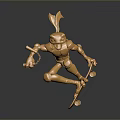 Golden Rabbit Robot Jumping On Skateboard Holding Lantern With Dynamic Pose