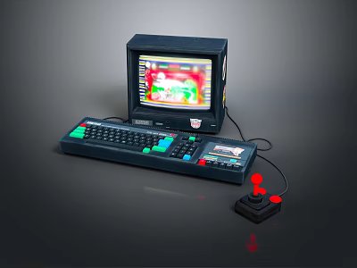 Vintage Computer Setup With Retro Monitor Colorful Keyboard And Joystick 3d model