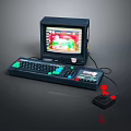 Vintage Computer Setup With Retro Monitor Colorful Keyboard And Joystick