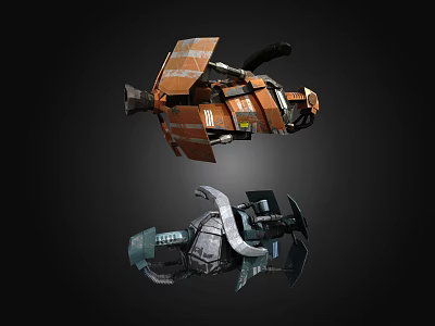Two Mechanical Sci Fi Weapons With Orange And Dark Green Colorful Design 3d model