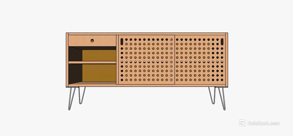 Modern Wooden TV Stand With Drawer Open Shelves Perforated Doors And Metal Legs 3d model 