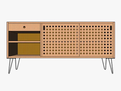 Modern Wooden TV Stand With Drawer Open Shelves Perforated Doors And Metal Legs 3d model